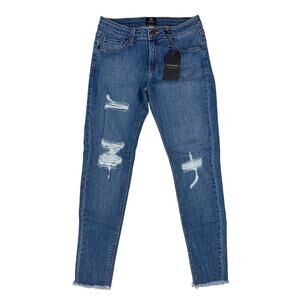 Just Black - Distressed Fray Hem Skinny Jeans in Blue
